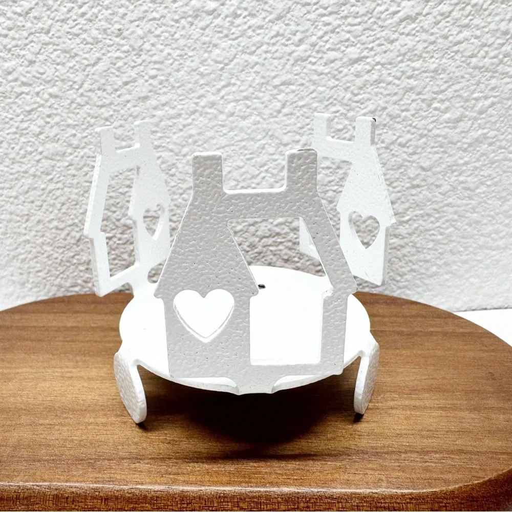 Cast Metal Cutout House Hammered Enamel Candle Holders